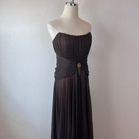 Badgley Mischka Strapless Cocktail Dress Evening Gown Chocolate Brown Tulle - Picture 12 of 15